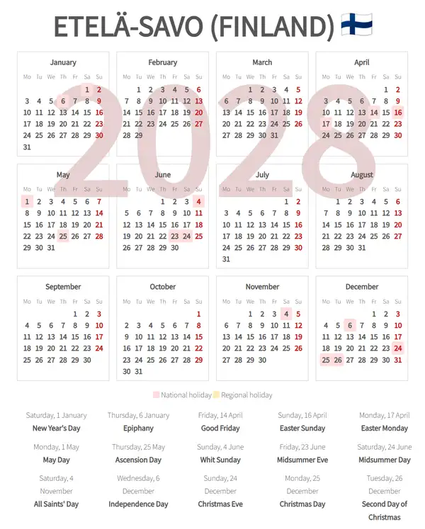 Work Calendar 2028, Etelä-savo (Finland)