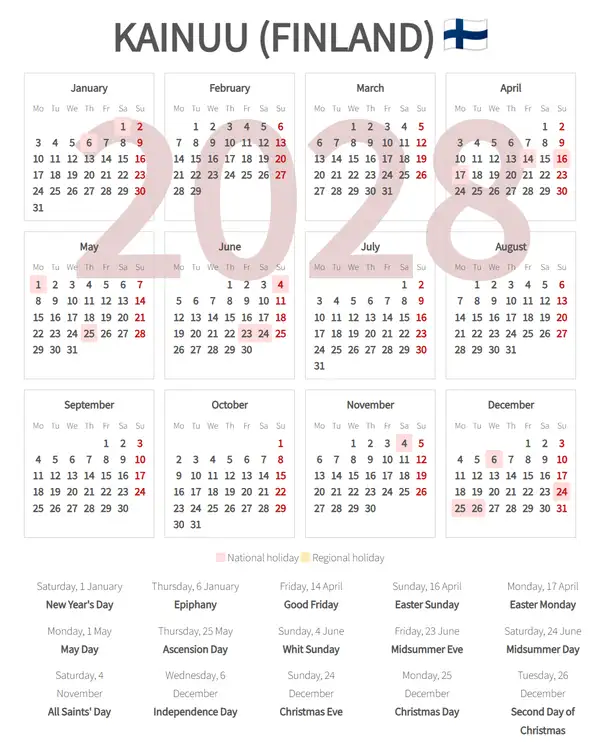 Work Calendar 2028, Kainuu (Finland)