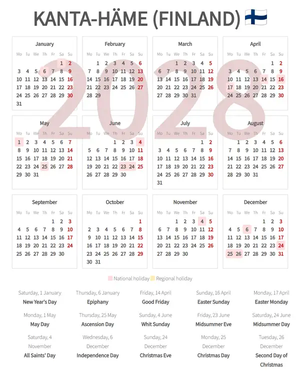 Work Calendar 2028, Kanta-häme (Finland)