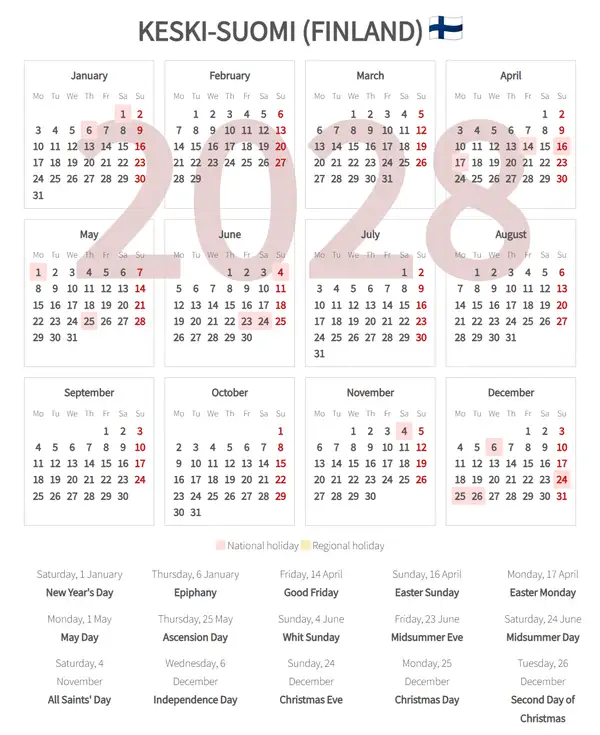 Work Calendar 2028, Keski-suomi (Finland)