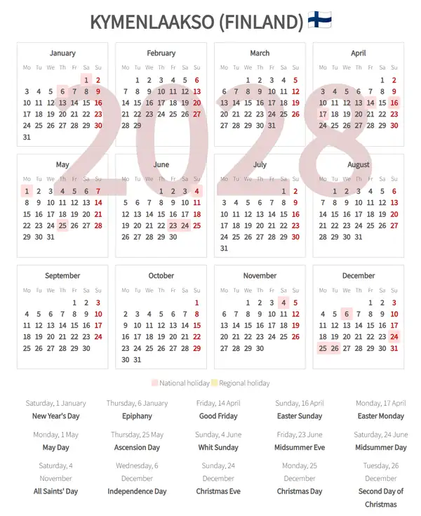 Work Calendar 2028, Kymenlaakso (Finland)