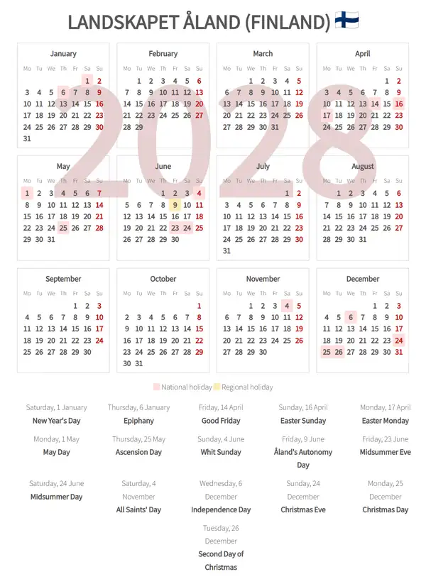 Work Calendar 2028, Landskapet åland (Finland)
