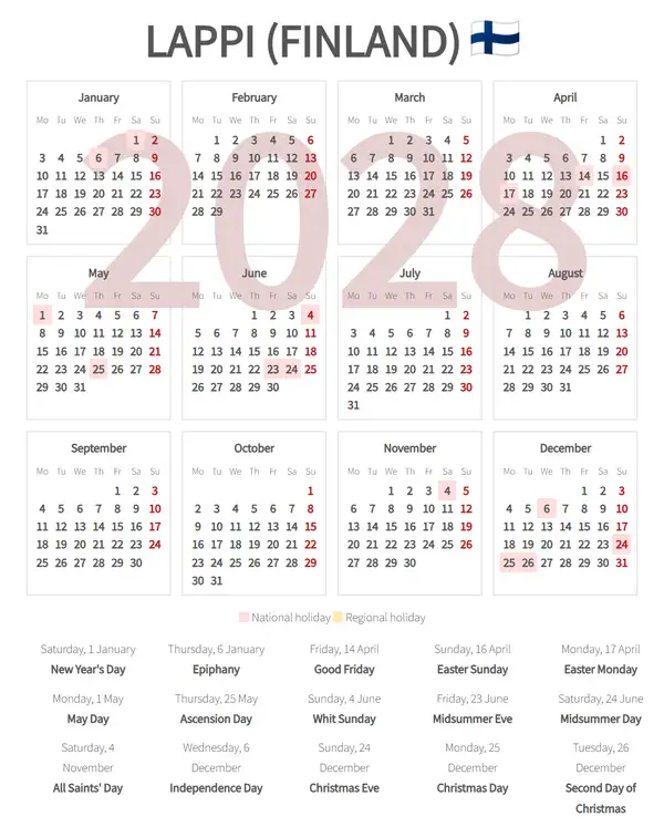 Work Calendar 2028, Lappi (Finland)