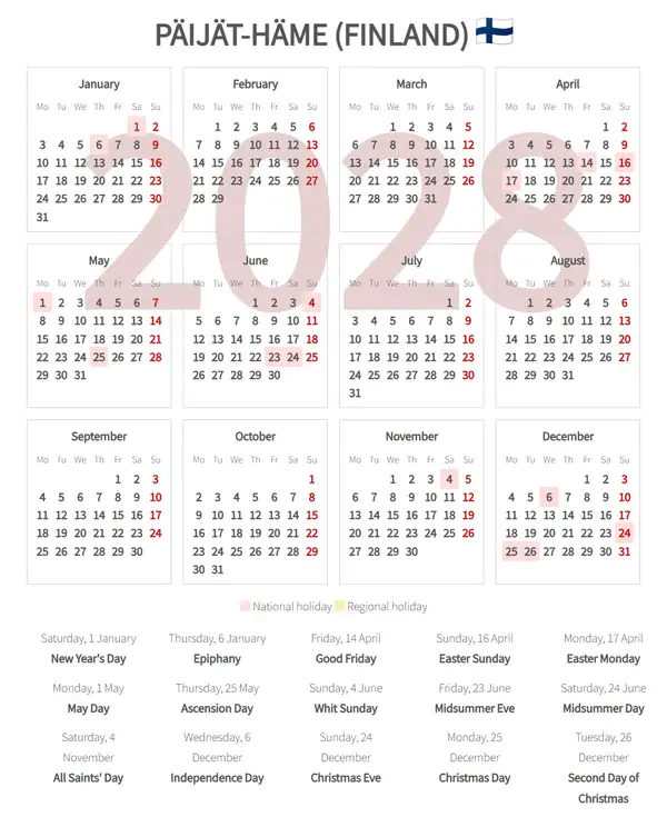 Work Calendar 2028, Päijät-häme (Finland)