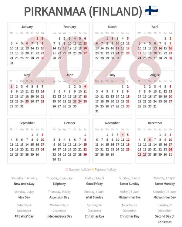 Work Calendar 2028, Pirkanmaa (Finland)