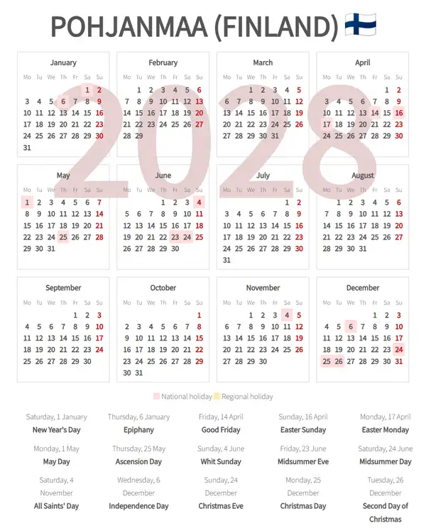 Work Calendar 2028, Pohjanmaa (Finland)