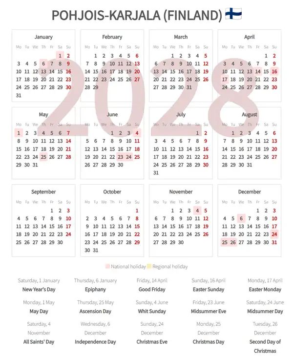 Work Calendar 2028, Pohjois-karjala (Finland)