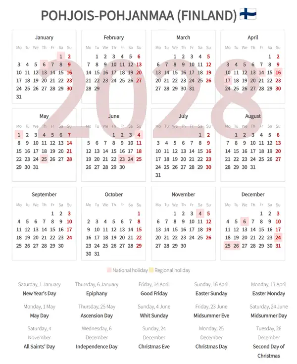 Work Calendar 2028, Pohjois-pohjanmaa (Finland)