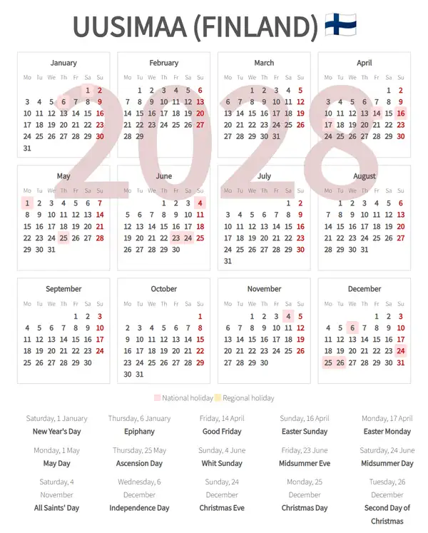 Work Calendar 2028, Uusimaa (Finland)
