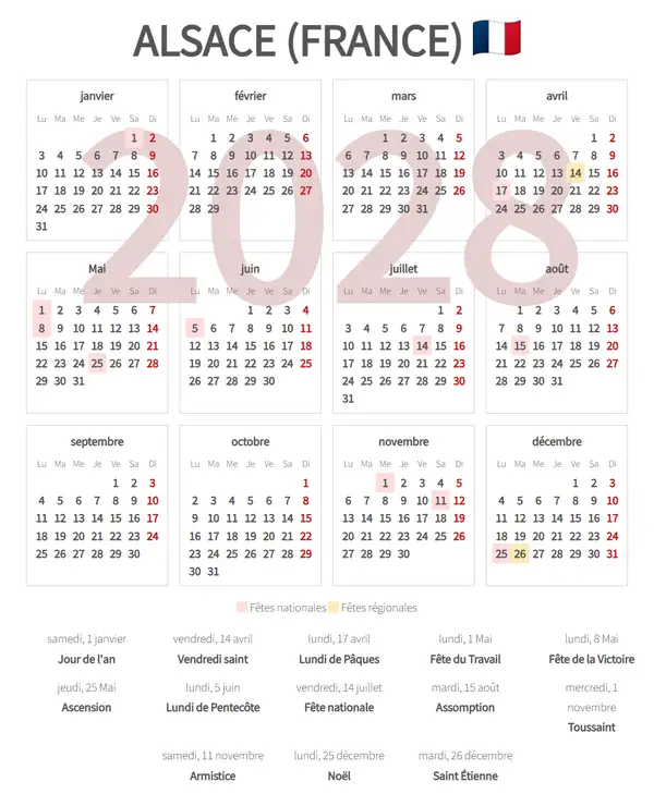 Calendrier de Travail 2028, Alsace (France)