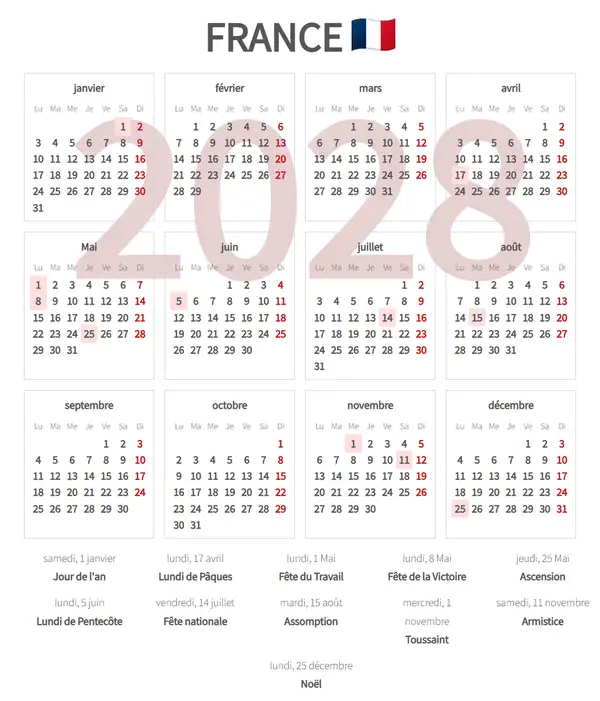 Calendrier de Travail 2028 de France