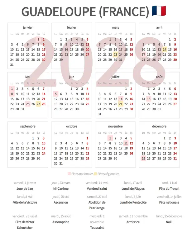 Calendrier de Travail 2028, Guadeloupe (France)