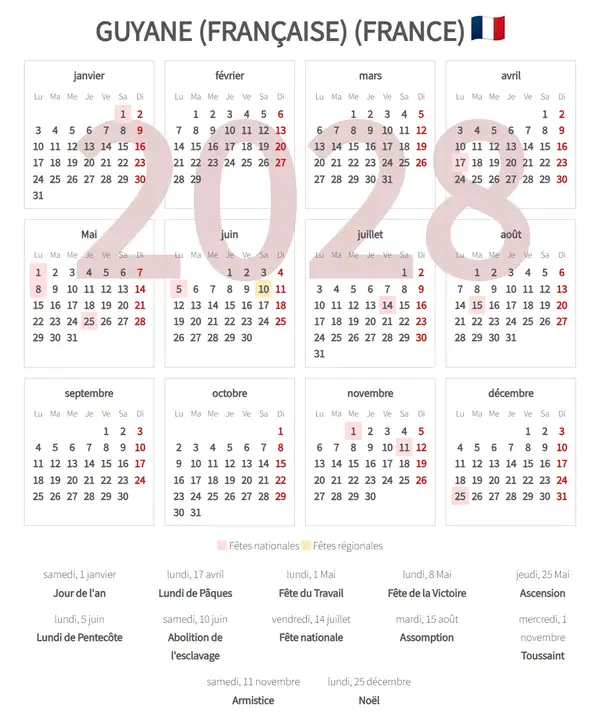 Calendrier de Travail 2028, Guyane (française) (France)