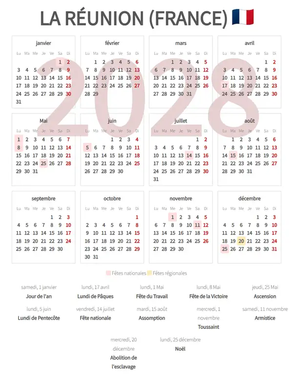 Calendrier de Travail 2028, La réunion (France)