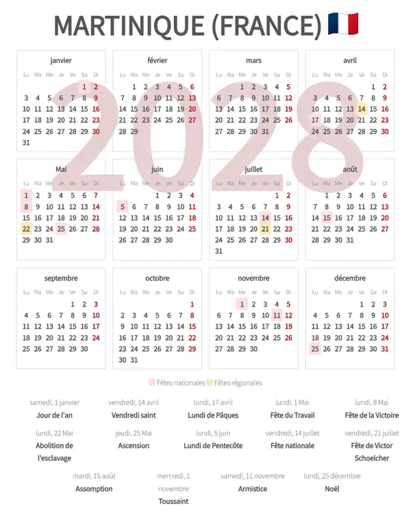 Calendrier de Travail 2028, Martinique (France)
