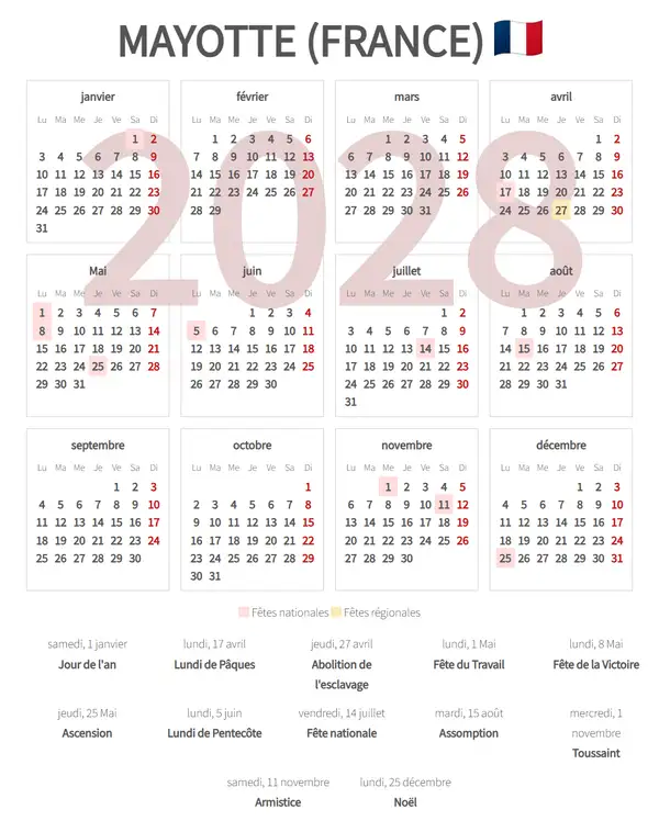 Calendrier de Travail 2028, Mayotte (France)