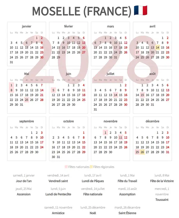 Calendrier de Travail 2028, Moselle (France)