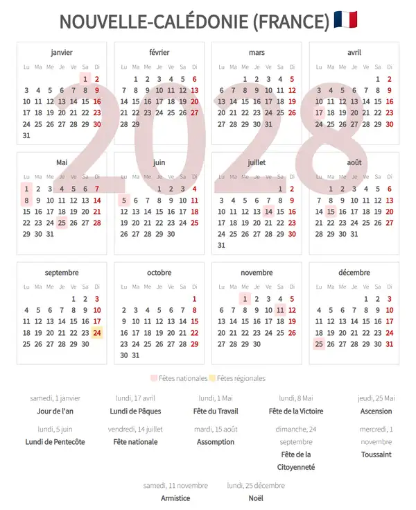 Calendrier de Travail 2028, Nouvelle-calédonie (France)