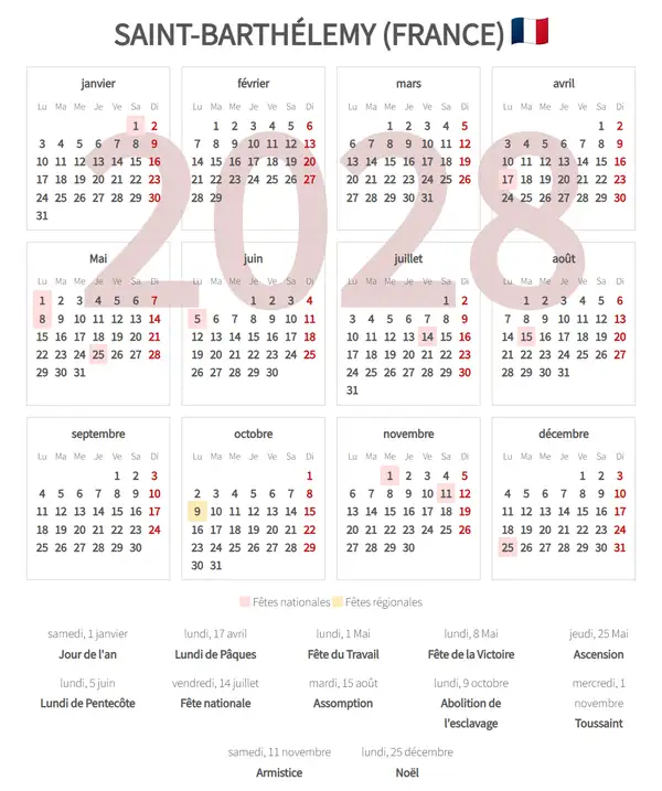 Calendrier de Travail 2028, Saint-barthélemy (France)