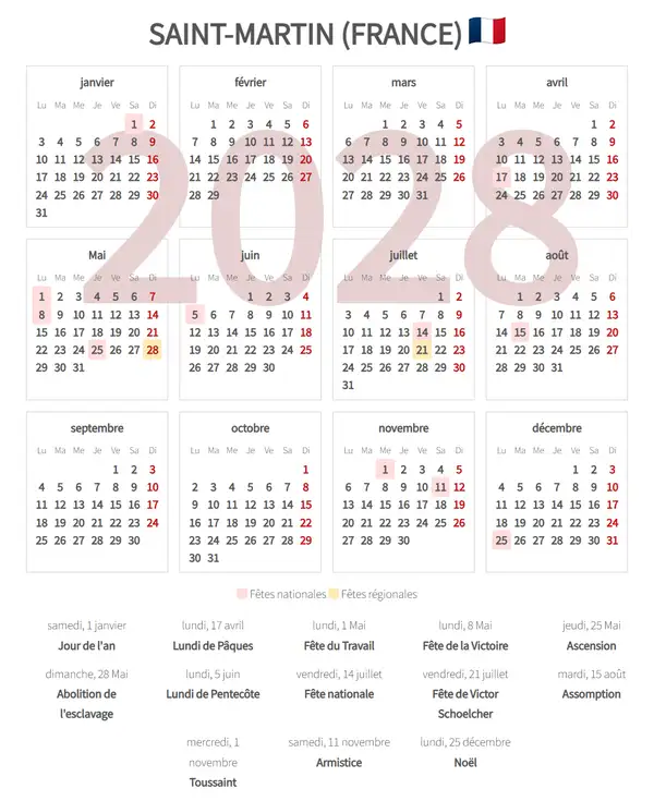 Calendrier de Travail 2028, Saint-martin (France)