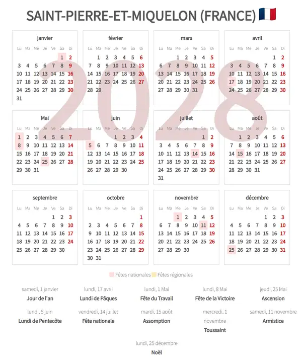 Calendrier de Travail 2028, Saint-pierre-et-miquelon (France)