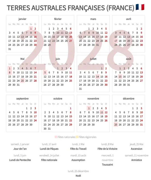 Calendrier de Travail 2028, Terres australes françaises (France)