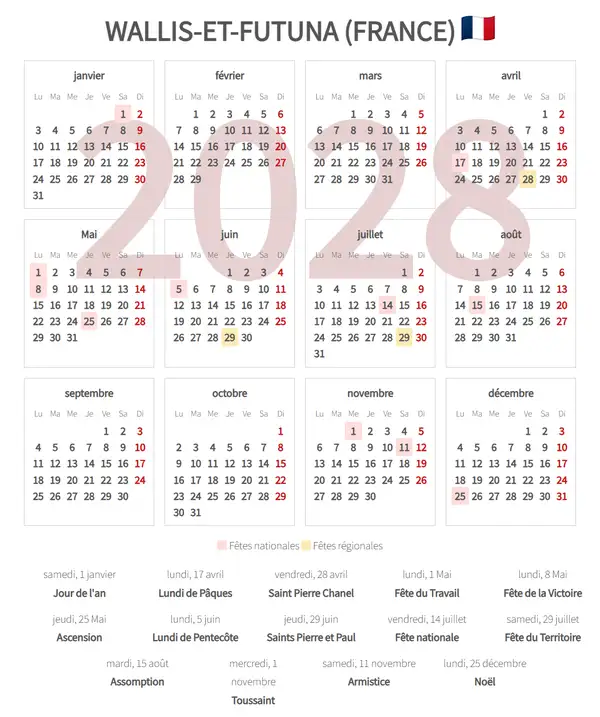 Calendrier de Travail 2028, Wallis-et-futuna (France)