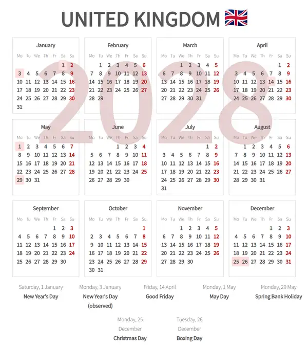 Work Calendar 2028, United kingdom - Public Holidays