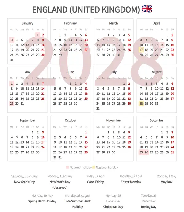 Work Calendar 2028, England (United kingdom)