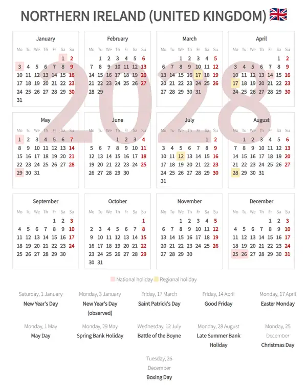 Work Calendar 2028, Northern ireland (United kingdom)