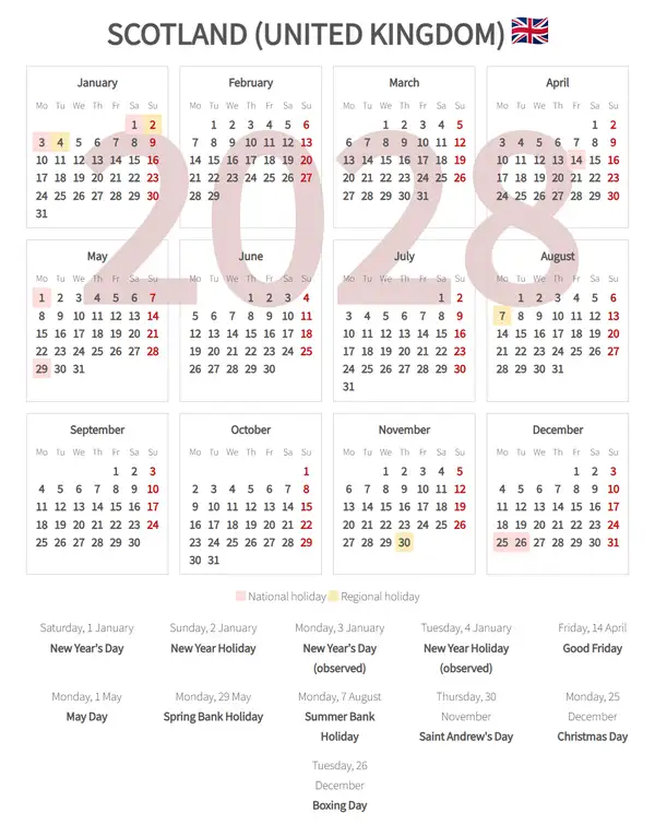 Work Calendar 2028, Scotland (United kingdom)