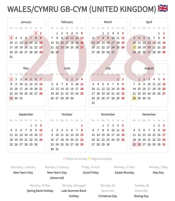 Work Calendar 2028, Wales [cymru gb-cym] (United kingdom)