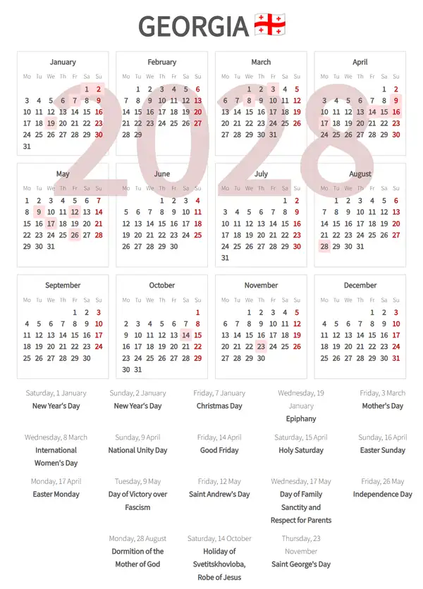 Work Calendar 2028, Georgia - Public Holidays