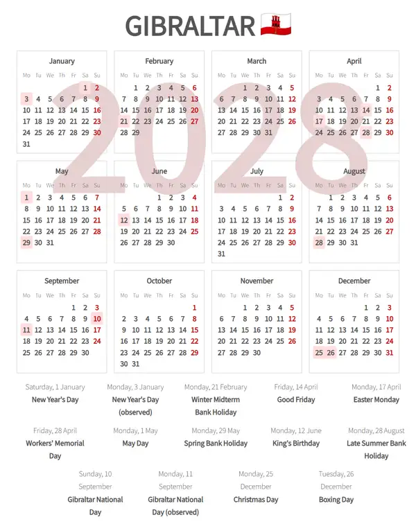 Work Calendar 2028, Gibraltar - Public Holidays