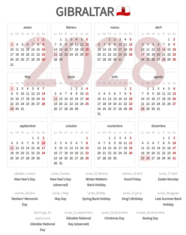 Calendario Laboral 2028 de Gibraltar