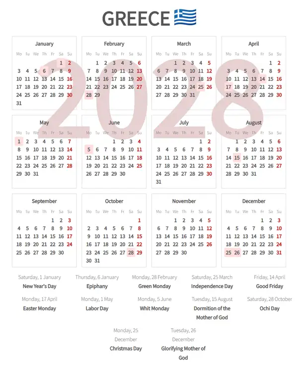 Work Calendar 2028, Greece - Public Holidays