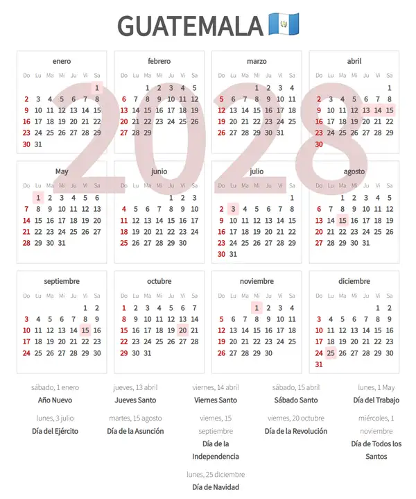 Calendario Laboral 2028 de Guatemala