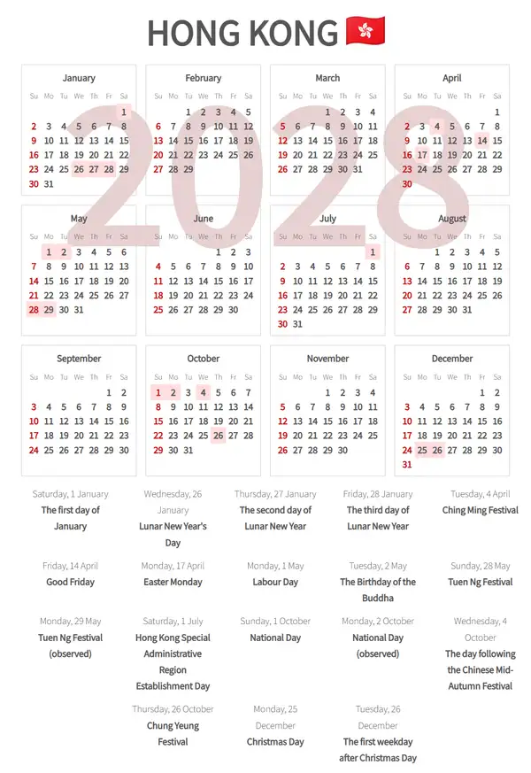 Work Calendar 2028, Hong kong - Public Holidays