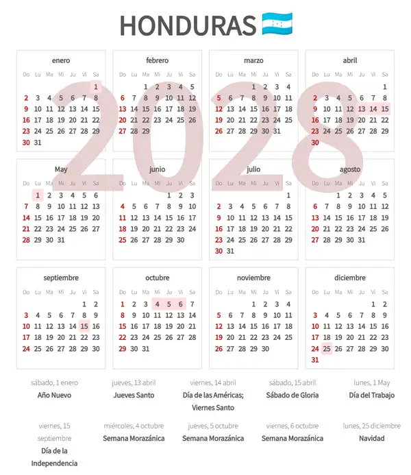 Calendario Laboral 2028 de Honduras