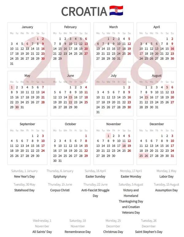 Work Calendar 2028, Croatia - Public Holidays