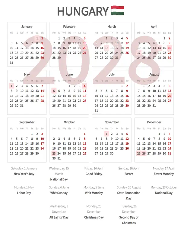 Work Calendar 2028, Hungary - Public Holidays
