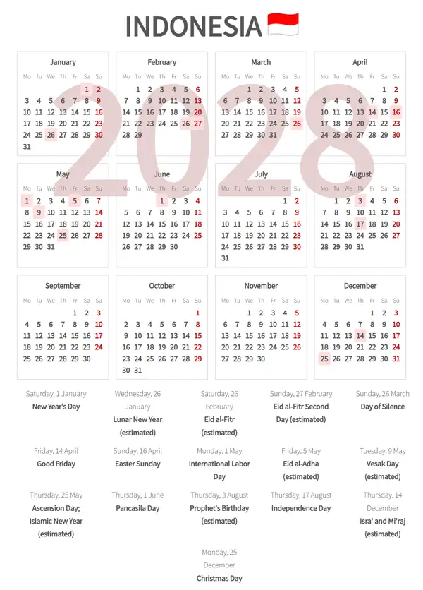 Work Calendar 2028, Indonesia - Public Holidays