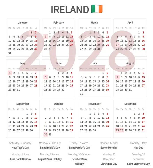Work Calendar 2028, Ireland - Public Holidays