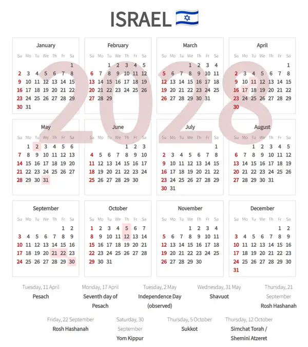 Work Calendar 2028, Israel - Public Holidays