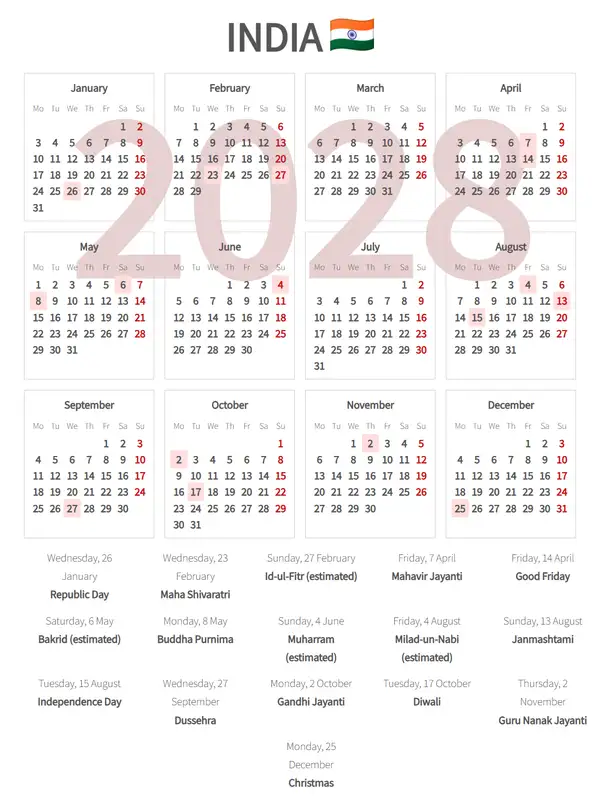 Work Calendar 2028, India - Public Holidays
