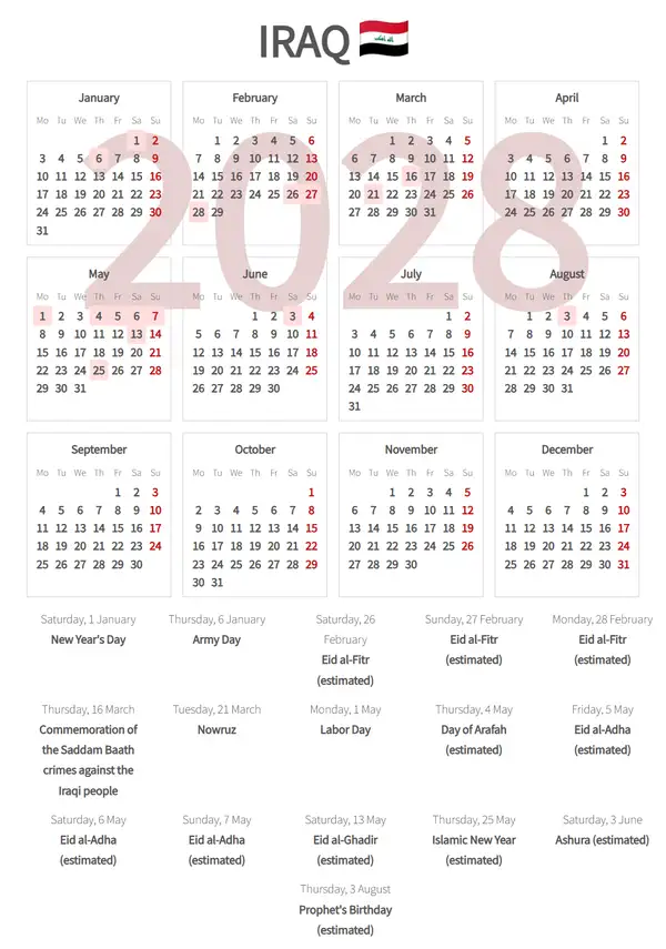Work Calendar 2028, Iraq - Public Holidays