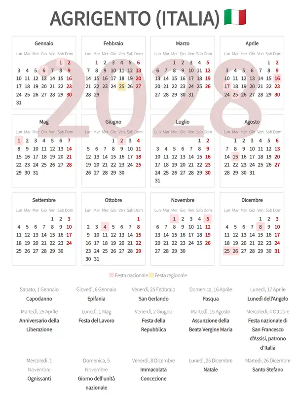 Calendario Lavorativo 2028, Agrigento (Italia)
