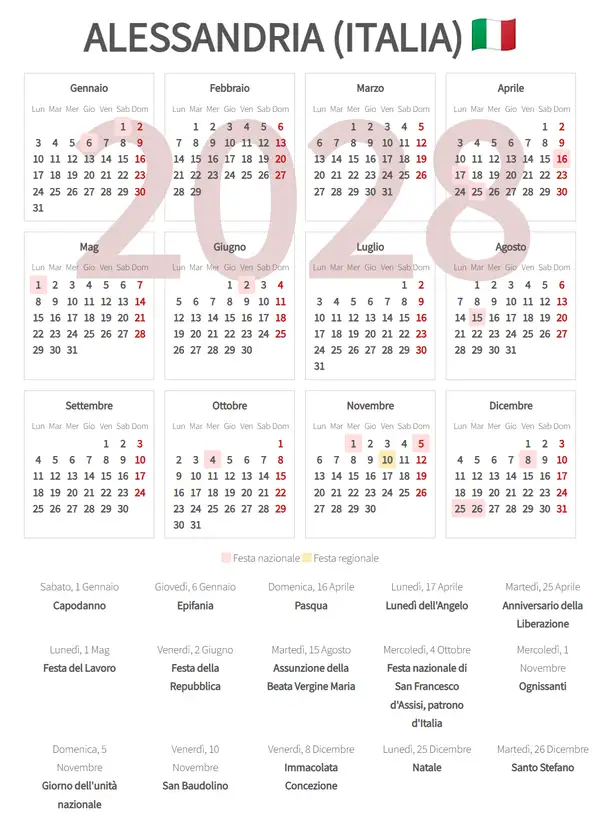 Calendario Lavorativo 2028, Alessandria (Italia)