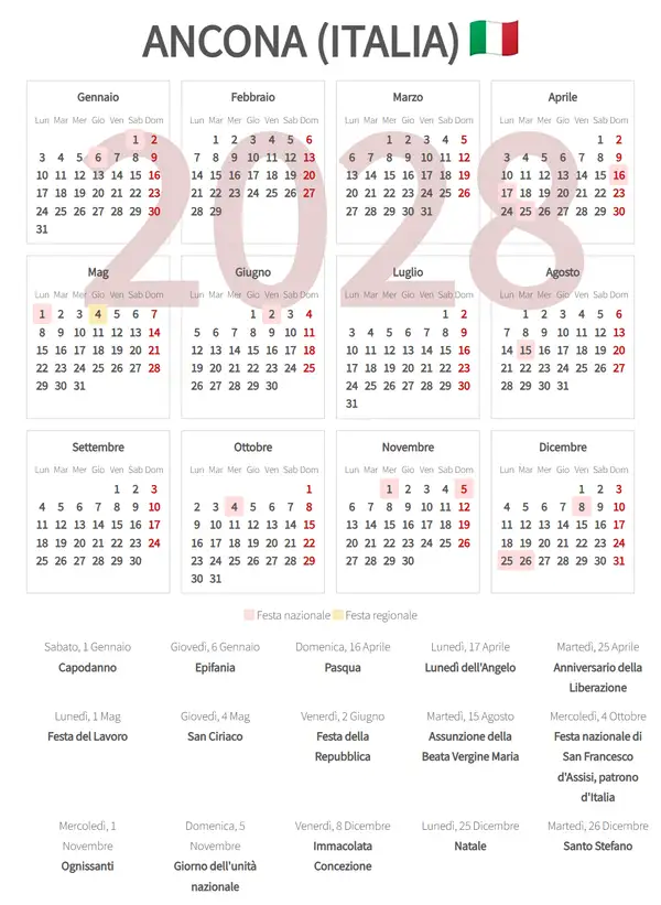 Calendario Lavorativo 2028, Ancona (Italia)