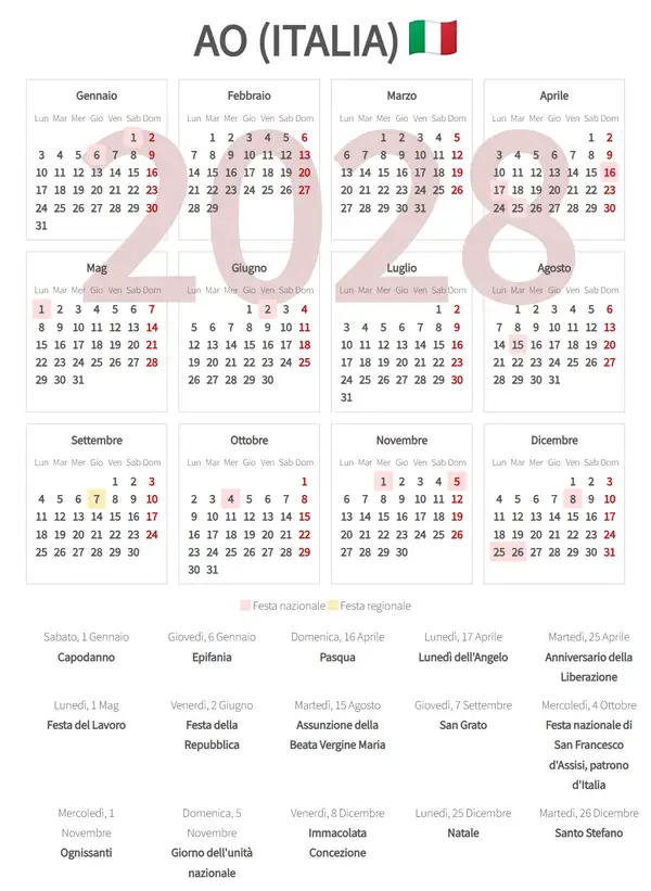 Calendario Lavorativo 2028, Ao (Italia)